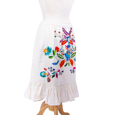 Cotton peasant skirt, 'Bright Oaxaca Blossoms' - Colorful Hand Embroidered White Cotton Ruffled Skirt