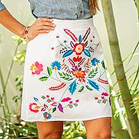 Cotton skirt, 'Radiant Bright Bouquet' - Colorful Hand Embroidered White Cotton A-Line Skirt