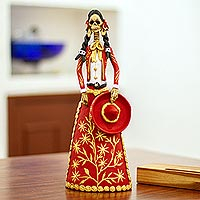 Ceramic sculpture, 'La Catrina Charra' - Red and Gold Charra Catrina Sculpture