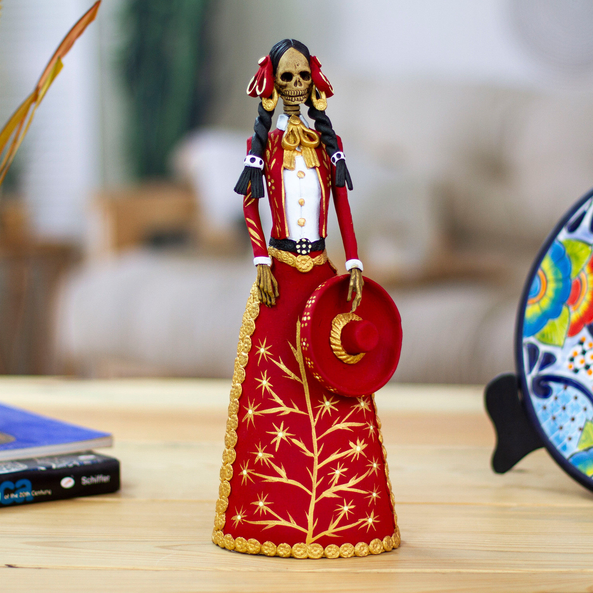 Red and Gold Charra Catrina Sculpture - La Catrina Charra | NOVICA