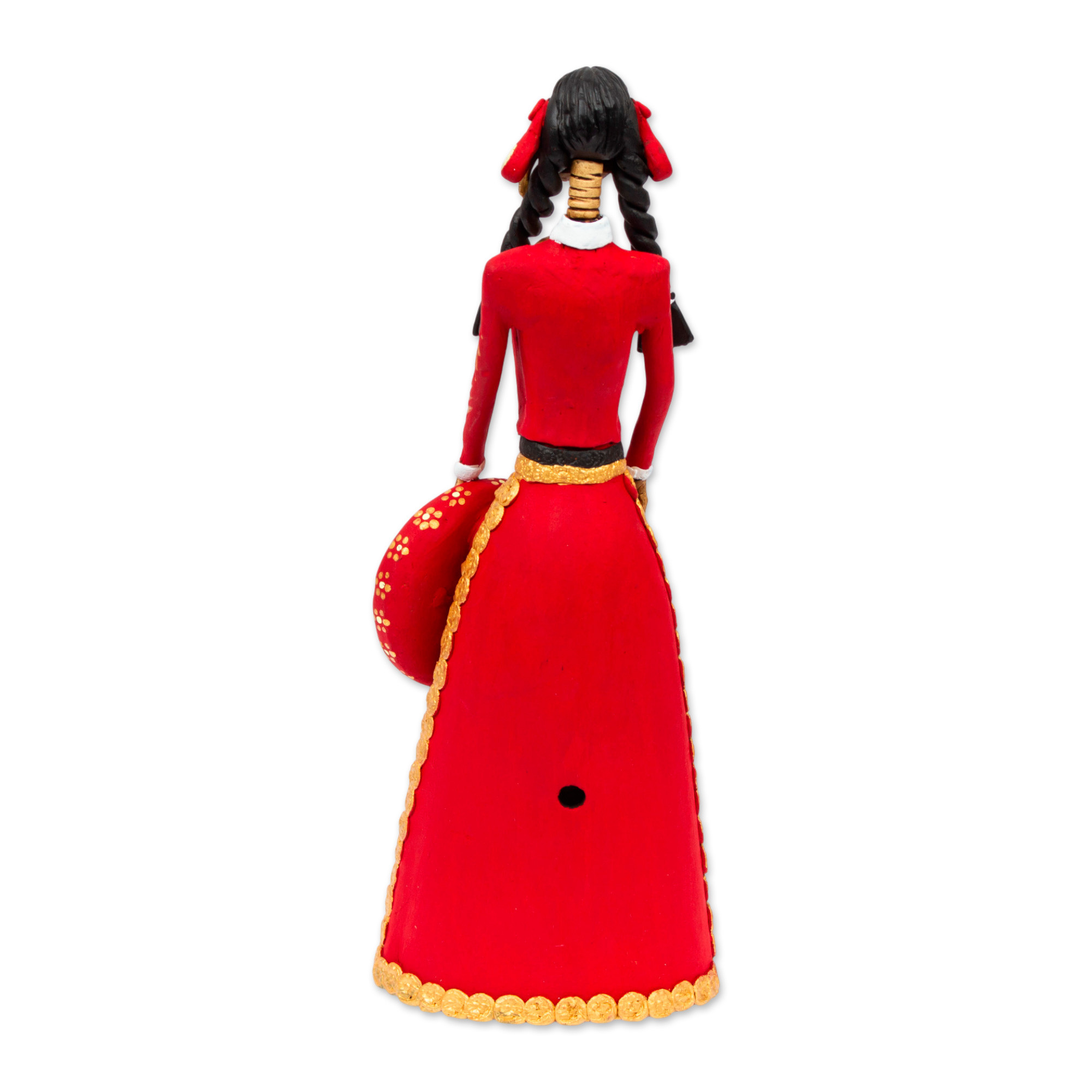 Red and Gold Charra Catrina Sculpture - La Catrina Charra | NOVICA