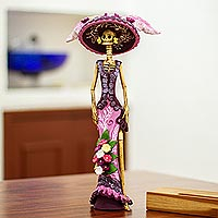 Escultura de cerámica, 'La Catrina Violeta' - Escultura de Catrina de cerámica hecha a mano