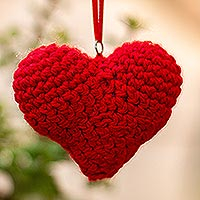 Crocheted ornament, 'Soft Heart' - Bright Red Crocheted Heart Ornament