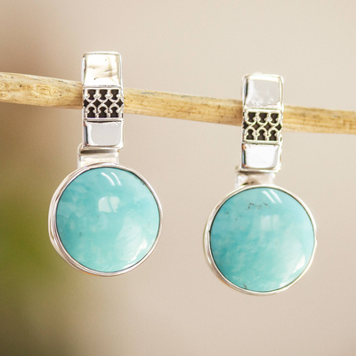 Turquoise drop earrings, 'Eastern Skies' - 950 Silver And Turquoise Drop Earrings From Mexico