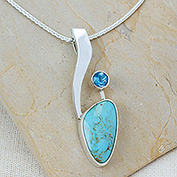 Turquoise and blue topaz pendant necklace, 'Western Skies' - Turquoise and Blue Topaz Silver Pendant Necklace from Mexico