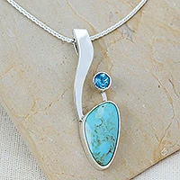 Turquoise and blue topaz pendant necklace, 'Western Skies' - Turquoise and Blue Topaz Silver Pendant Necklace from Mexico