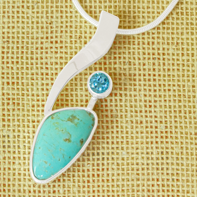 Turquoise and blue topaz pendant necklace, 'Western Skies' - Turquoise and Blue Topaz Silver Pendant Necklace from Mexico
