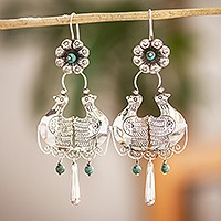 Turquoise chandelier earrings, 'Palomitas' - 925 Sterling Silver And Turquoise Earrings From Mexico