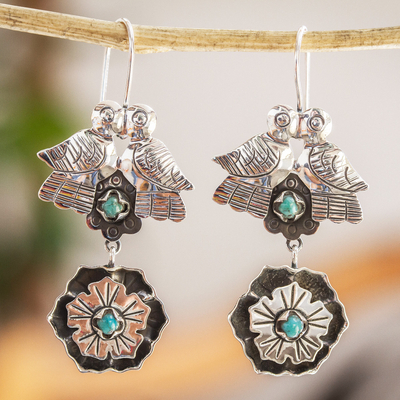 Turquoise dangle earrings, Taxco Lovebirds