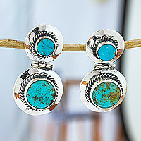 Turquoise drop earrings, 'Taxco Rose' - Taxco Sterling Silver Turquoise Drop Earrings From Mexico