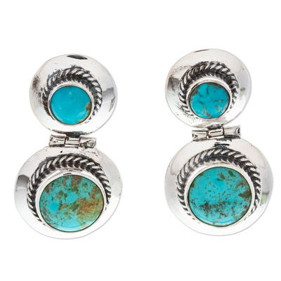 Turquoise drop earrings, 'Taxco Rose' - Taxco Sterling Silver Turquoise Drop Earrings From Mexico