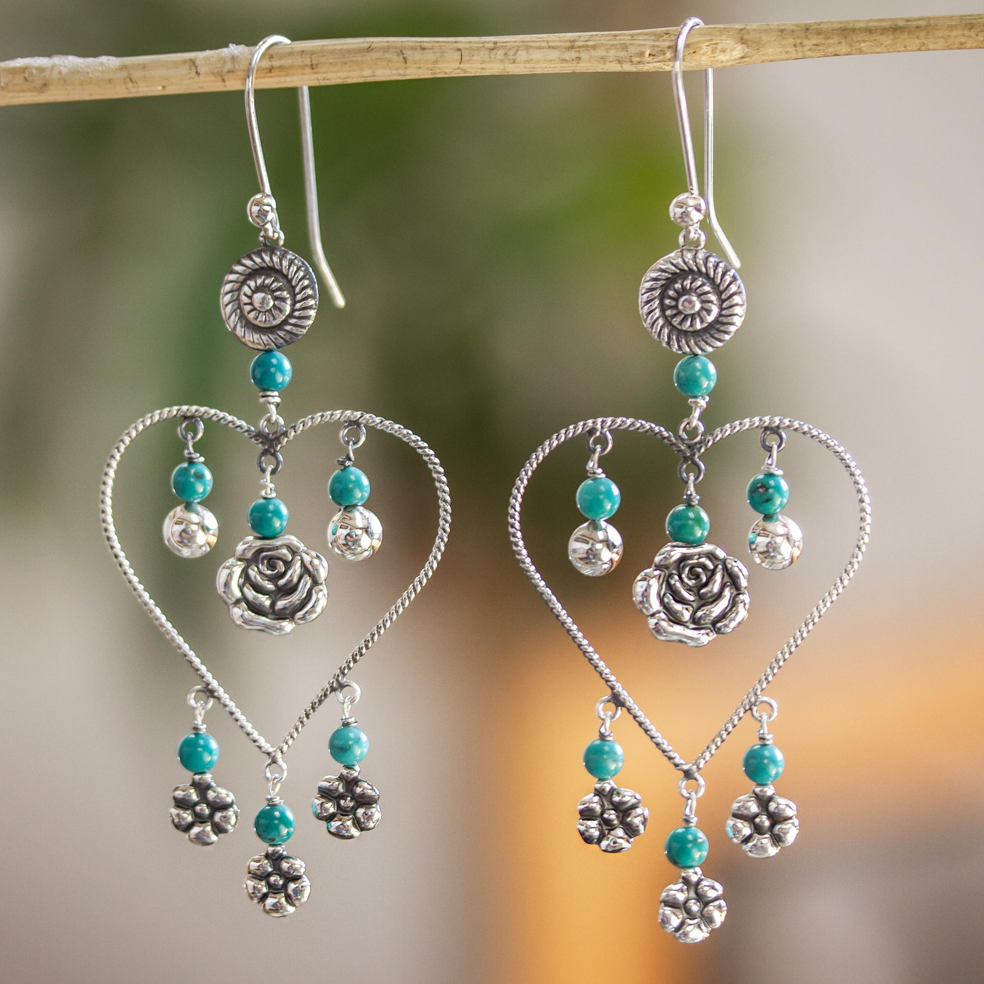 Turquoise Earrings in Sterling Silver with turquoise and red glass bead accents