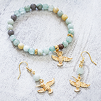 Gold-plated agate jewelry set, 'Golden Hummingbird' - Gold-plated Agate Bracelet and Earring Set from Mexico