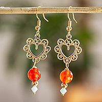 Gold-plated carnelian dangle earrings, 'Fanciful Hearts' - Crystal and Carnelian Gold Plated Earrings