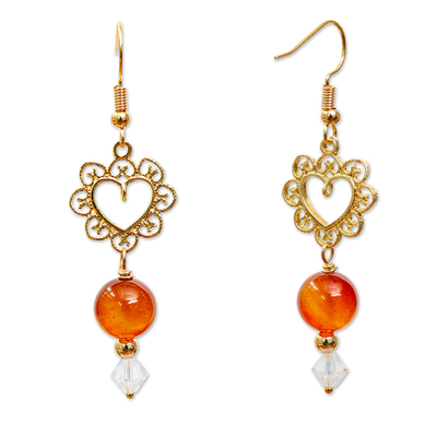 Vergoldete Karneol-Ohrringe, 'Fanciful Hearts', baumelnd - Kristall und Karneol vergoldete Ohrringe
