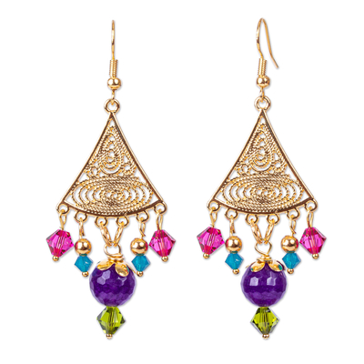 Gold-plated Agate And Swarovski Dangle Earrings From Mexico