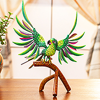 Wood alebrije sculpture, 'Perky Green Parrot'