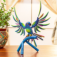 Wood alebrije sculpture, 'Perky Blue Parrot'