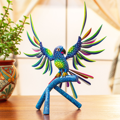 Alebrije de madera escultura - Escultura de alebrije de loro azul hecha a mano de México