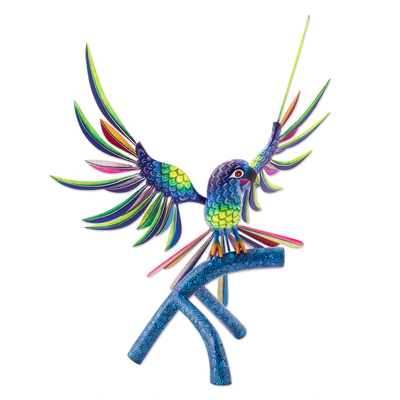 Wood alebrije sculpture, 'Perky Blue Parrot' - Handmade Blue Parrot Alebrije Sculpture from Mexico
