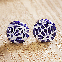 Ceramic button earrings, 'Blue Puebla Blossoms' - Blue and White Ceramic Talavera Style Floral Button Earrings
