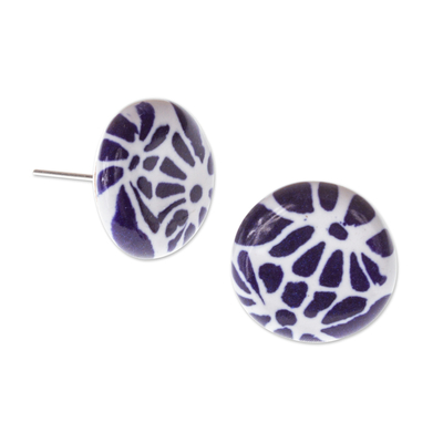 Pendientes de botón de cerámica - Aretes Botón Floral Estilo Talavera Azul y Blanco Cerámica