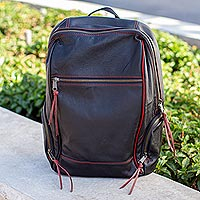 Leather backpack, 'Contrast' - Handmade Black Leather Backpack