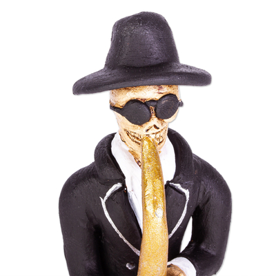 Keramik-Skelettskulptur, „Jazz de los Muertos“ – Keramik-Skelett-Saxophonspieler-Skulptur aus Mexiko