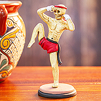 Ceramic skeleton sculpture, 'Muay Thai de los Muertos' - Ceramic Skeleton Muay Thai Fighter Sculpture from Mexico