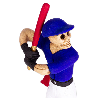 Ceramic sculpture, 'Batter Catrin' - Clay Skeleton Baseball Player Sculpture