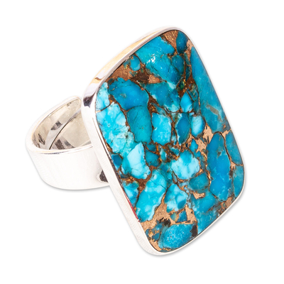 Sterling silver cocktail ring, 'Serene Caribbean' - Taxco Silver Cocktail Ring with Composite Turquoise