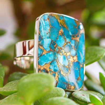 Sterling silver cocktail ring, 'Serene Caribbean' - Taxco Silver Cocktail Ring with Composite Turquoise