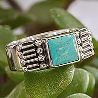 Men's turquoise single stone ring, 'Tulum Fortress' - Men's Taxco Sterling Silver and Natural Turquoise Ring