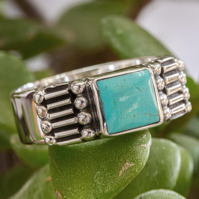 Men's turquoise single stone ring, 'Tulum Fortress' - Men's Taxco Sterling Silver and Natural Turquoise Ring