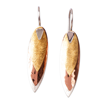 Gold plated sterling silver and copper drop earrings, 'Nature's Enchantment' - Mexican 925 Sterling Silver Gold & Copper Earrings