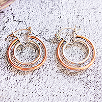 Sterling silver and copper dangle earrings, 'Double Aura' - Taxco 925 Sterling Silver and Copper Modern Hoop Earrings