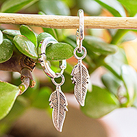 Sterling silver hoop earrings, 'Tropical Foliage' - Taxco Sterling Silver Banana Leaves Silver Hoop Earrings