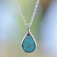 Turquoise pendant necklace, 'Precious Drop' - Taxco Sterling Silver Natural Turquoise Teardrop Necklace