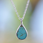 Taxco Sterling Silver Natural Turquoise Teardrop Necklace, 'Heaven's Tears'