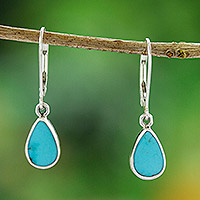 Turquoise dangle earrings, 'Heaven's Tears' - Taxco Sterling Silver Natural Turquoise Teardrop Earrings