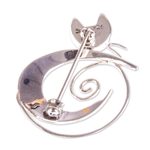 Sterling silver brooch pin, 'Cat in the Moon' - Handmade Taxco Sterling Silver Moon-Cat Brooch Pin