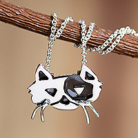 Sterling silver pendant necklace, 'Contemporary Cat' - Taxco Silver Cat Pendant Necklace