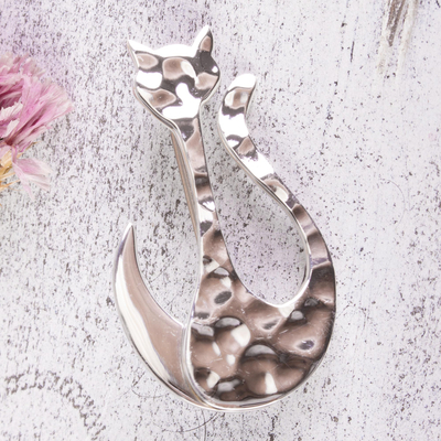 Sterling silver brooch pin, 'Moonlit Silhouette' - Taxco Sterling Silver Handcrafted Modern Cat Brooch Pin
