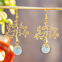 Gold-plated agate dangle earrings, 'Tree Of Life' - 14k Gold-Plated Agate Dangle Earrings from Mexico