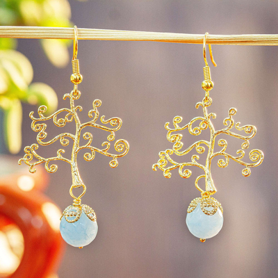 Gold-plated agate dangle earrings, Tree Of Life