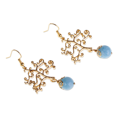 Gold-plated agate dangle earrings, 'Tree Of Life' - 14k Gold-Plated Agate Dangle Earrings from Mexico