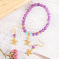 Swarovski and amethyst starfish earrings and bracelet set, 'Golden Starfish' - Gold-plated Starfish Bracelet and Earrings Set from Mexico