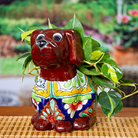 Macetero de cerámica, 'Perro de Talavera' - Macetero de cerámica con temática de perro estilo Talavera de México
