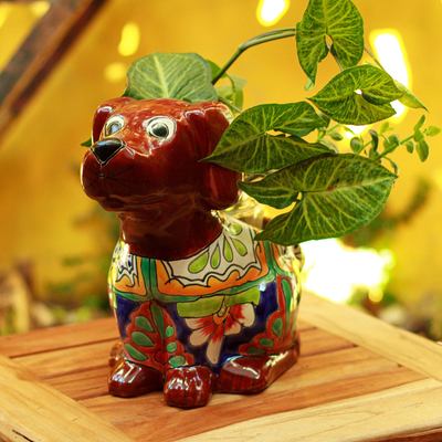 Pflanzgefäß aus Keramik - Keramik-Pflanzgefäß im Talavera-Stil mit Hundemotiv aus Mexiko