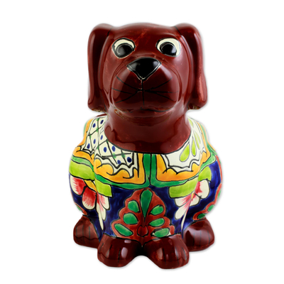 Ceramic planter, 'Talavera Dog' - Talavera Style Dog-Themed Ceramic Planter from Mexico